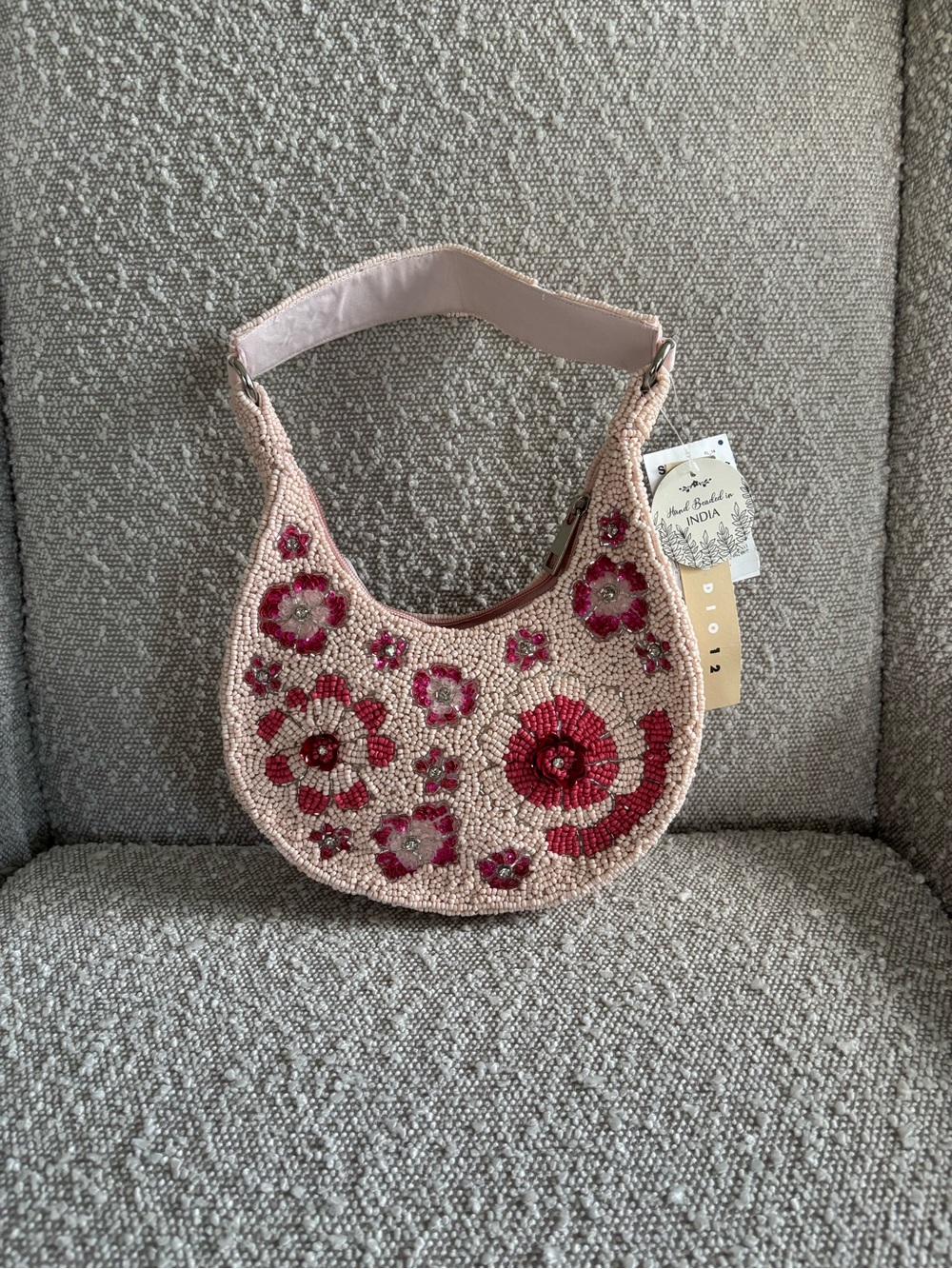 Pink Beaded Floral Crescent Shoulder Bag